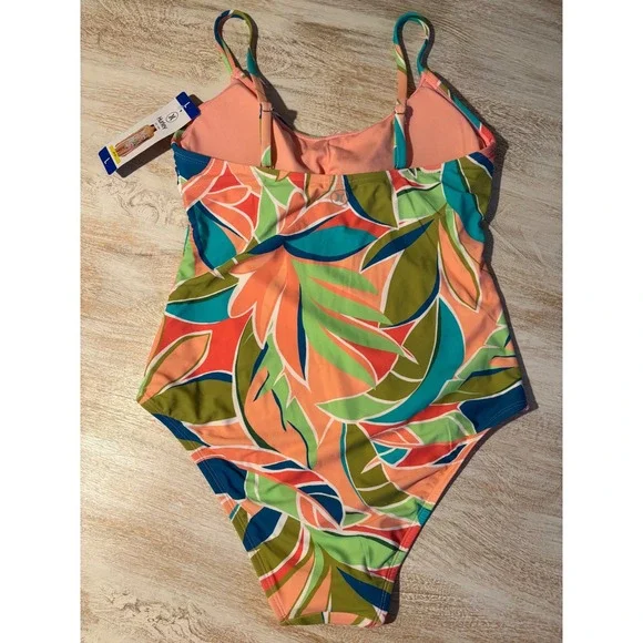 Hurley Womens One Piece Swimsuit Large Graphic Leaf Citron Cutout UPF 50+ NEW - Picture 2 of 7